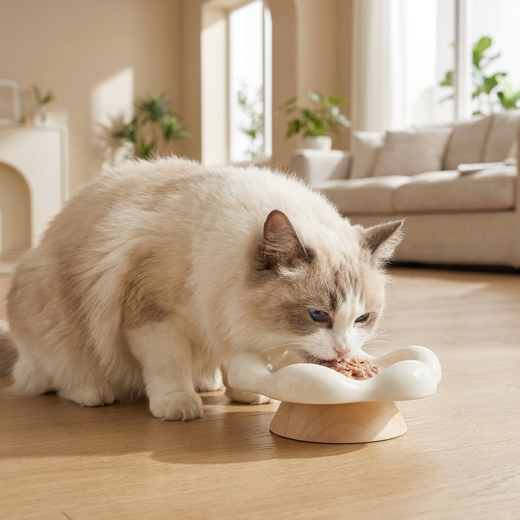 A ragdoll cat eating from the blossom ceramic cat plate on a wooden floor