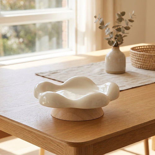 Blossom ceramic cat plate on a wooden dining table in a bright modern home