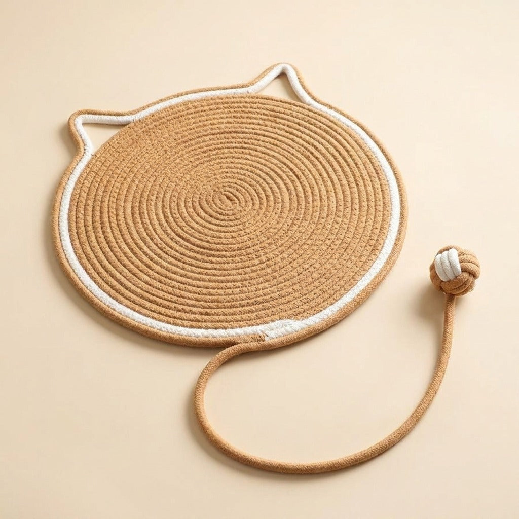 Braided Rope Cat Scratch Mat in caramel with play ball, studio shot