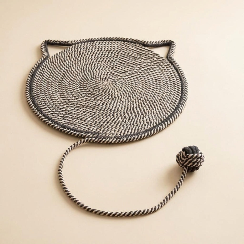 Braided Rope Cat Scratch Mat in charcoal with play ball, studio shot