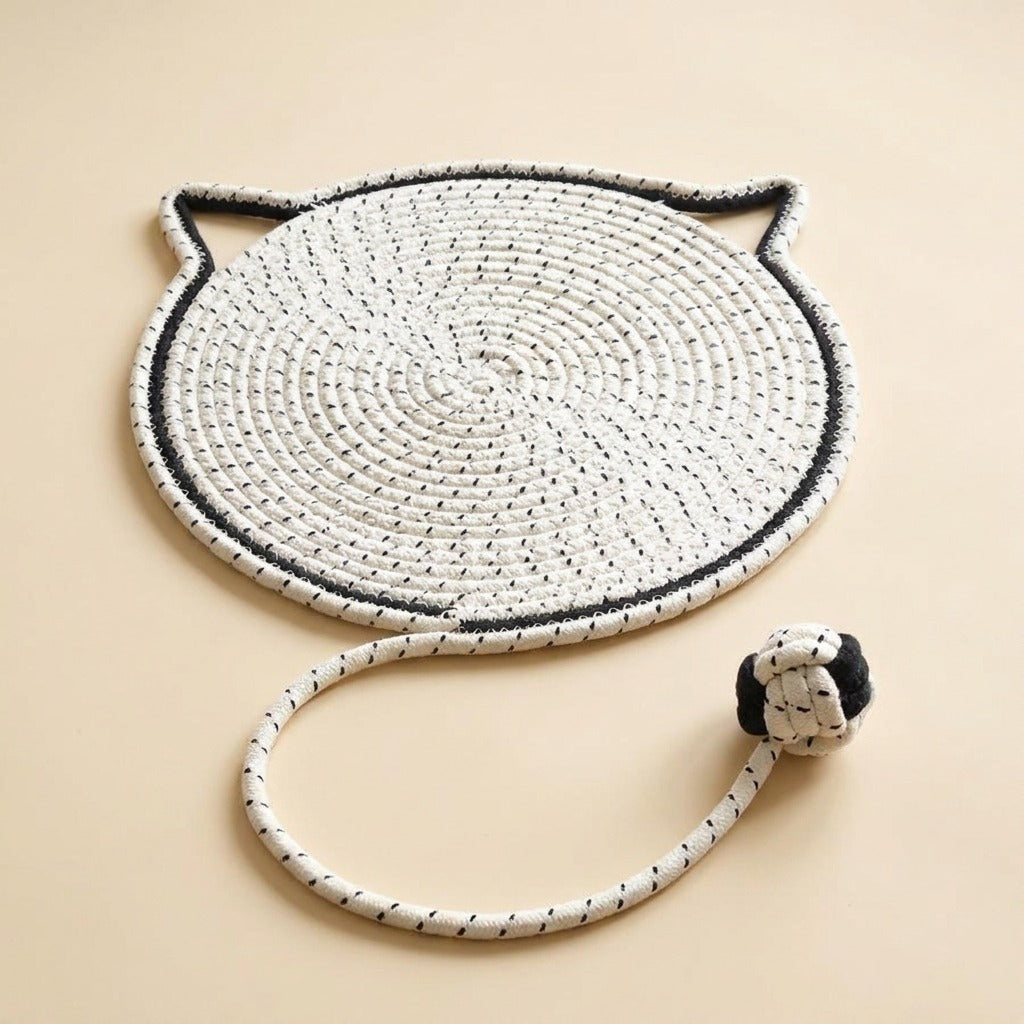 Braided Rope Cat Scratch Mat in cream with play ball, studio shot