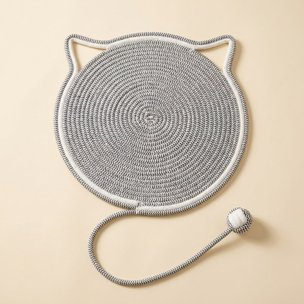 Braided Rope Cat Scratch Mat in grey with play ball, studio shot