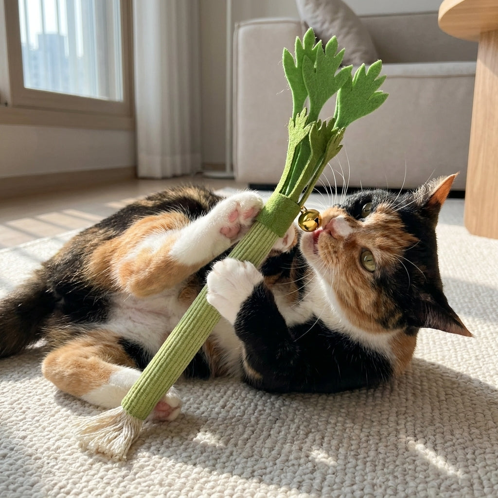 A calico cat chewing the catnip celery stick