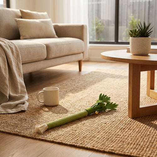 Catnip celery chew stick on a rug in a bright modern home