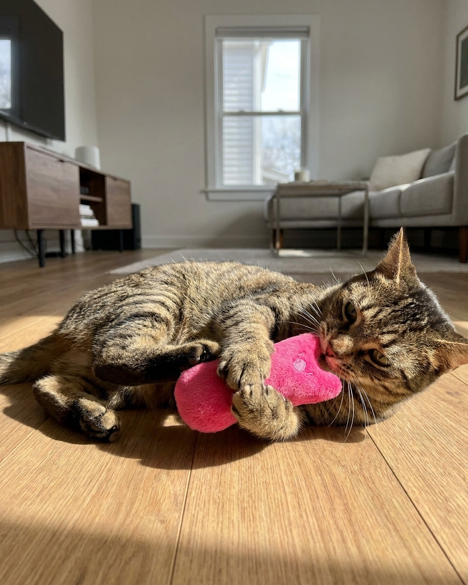 A tabby cat gripping and kicking the pink plush catnip kicker toy
