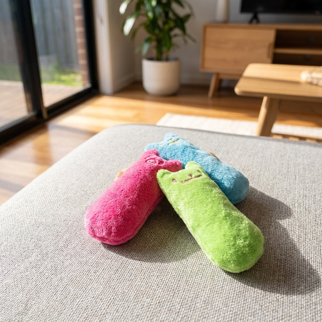 Three plush catnip kicker cat toys on a couch in a bright modern home