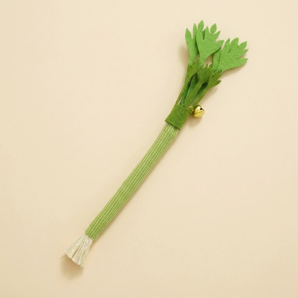 Catnip Celery Chew Stick with bell, single stick, studio shot