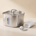 Compact Stainless Steel Cat Water Fountain with four filters and motion sensor, studio shot