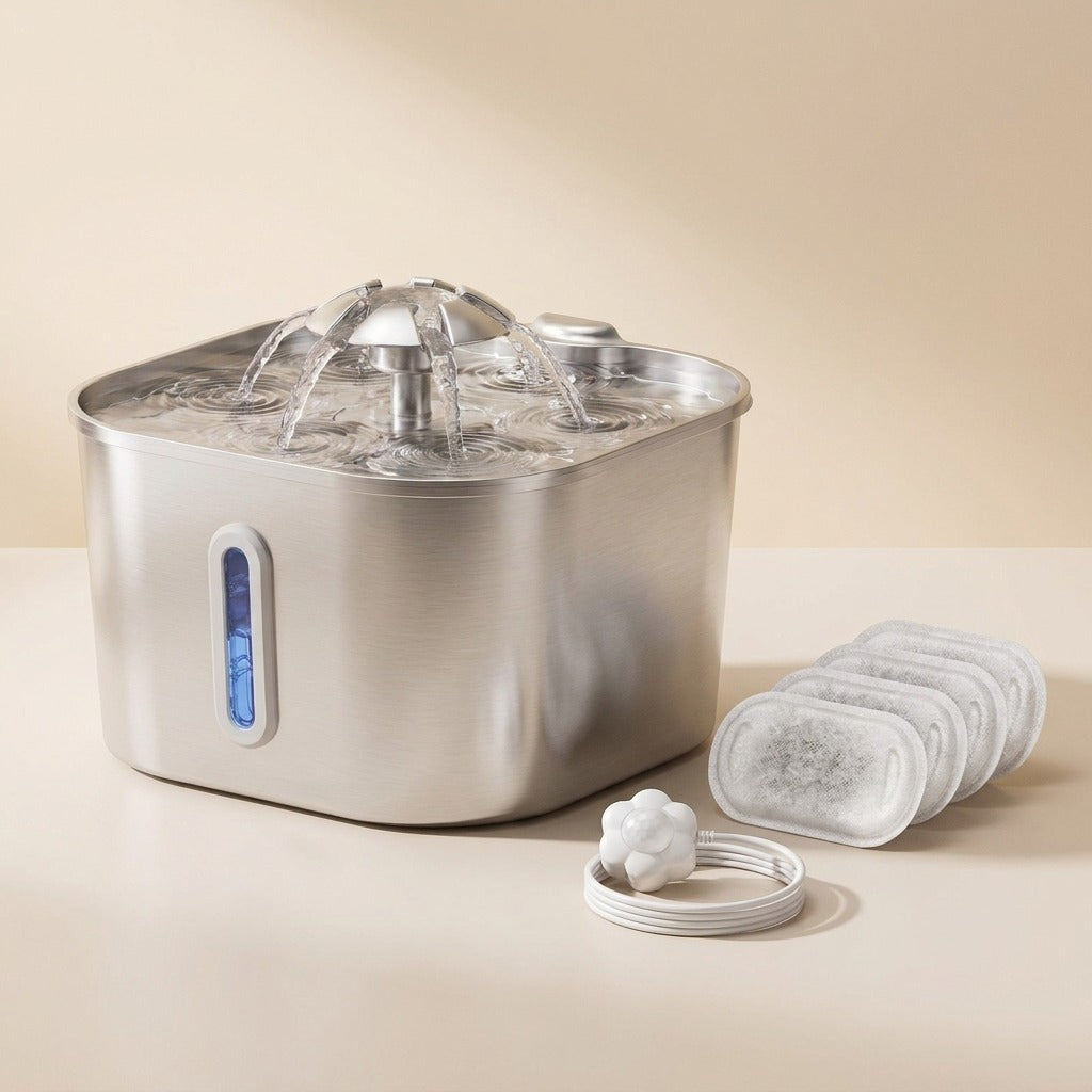 Compact Stainless Steel Cat Water Fountain with four filters and motion sensor, studio shot