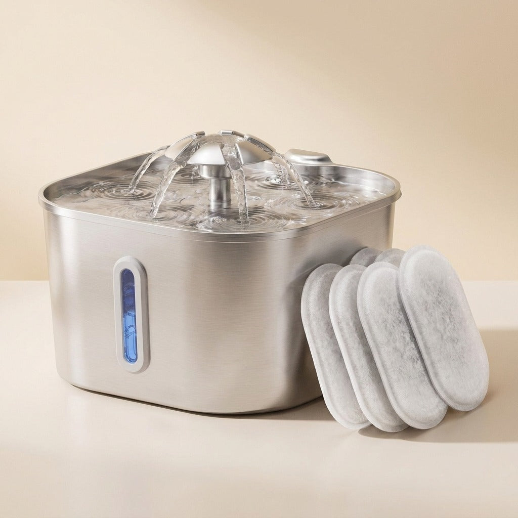 Compact Stainless Steel Cat Water Fountain with four replacement filters, studio shot
