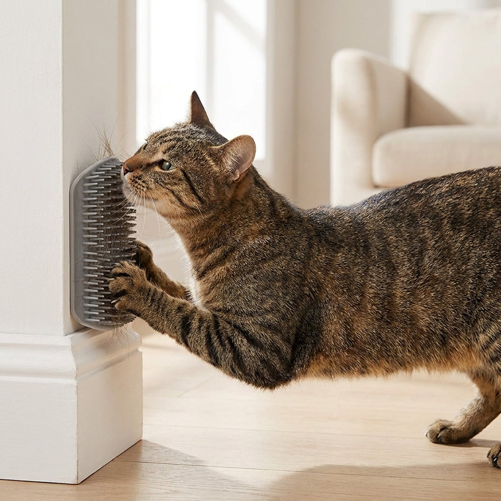 A tabby cat rubbing against the corner self groomer brush
