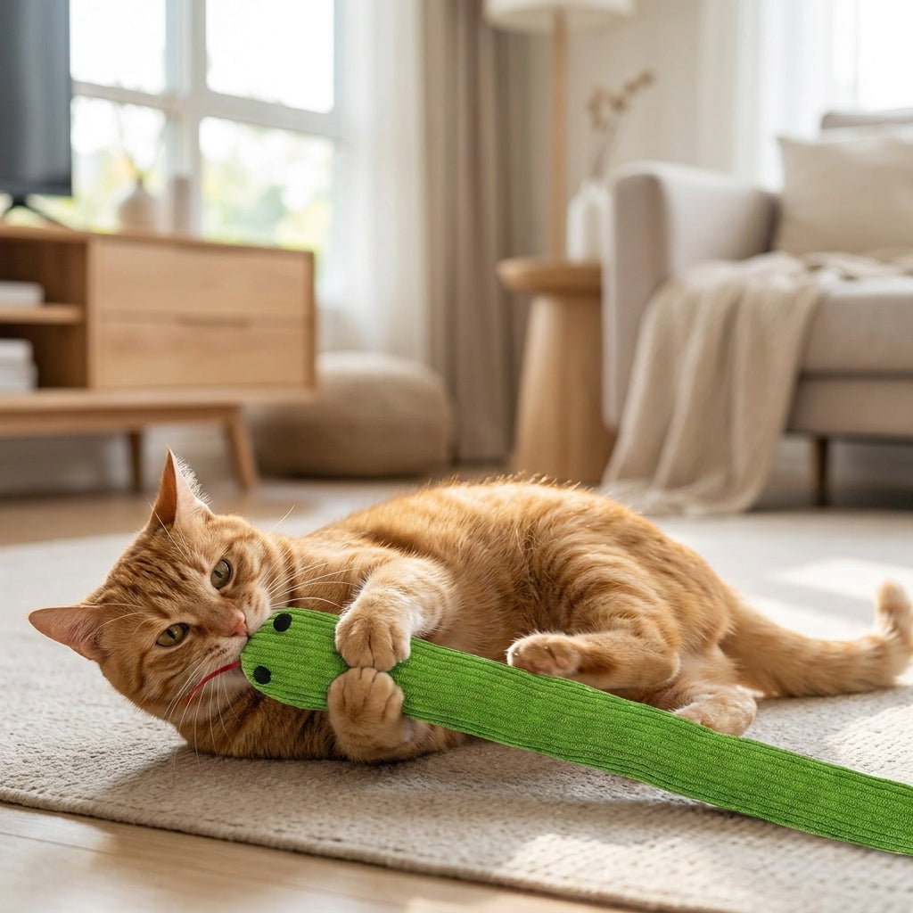A ginger tabby cat wrestling the crinkle snake kick toy