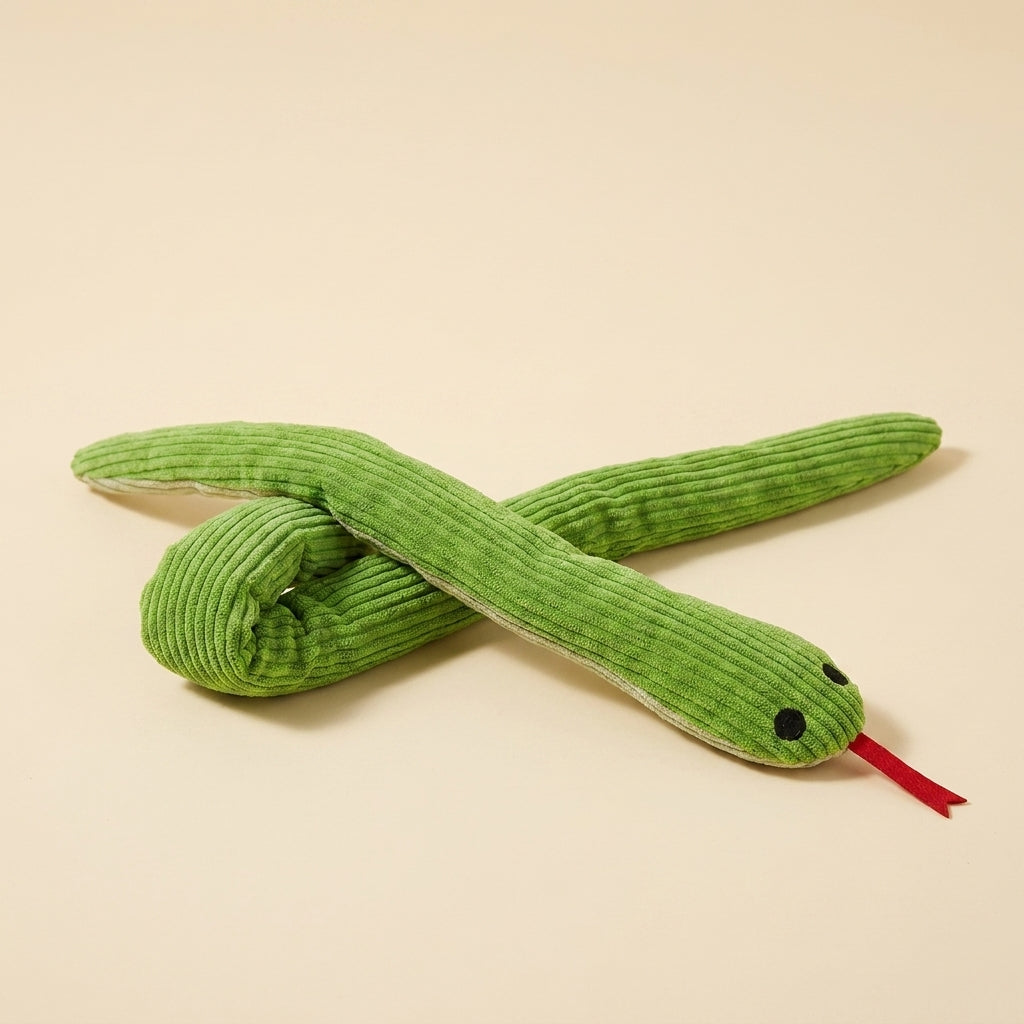 Crinkle snake cat kick toy in green corduroy, 42 cm long
