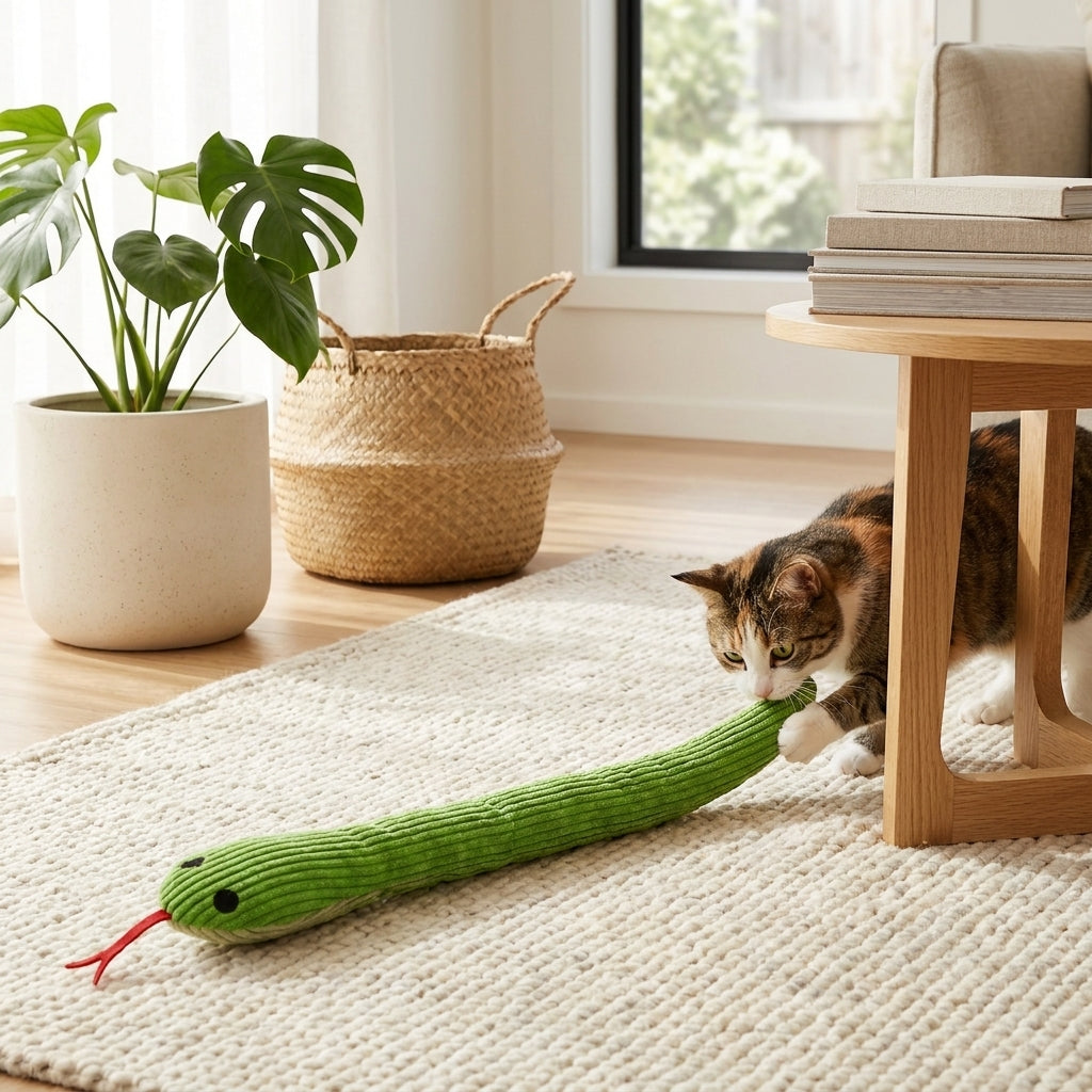 Crinkle snake kick toy on a floor in a bright modern home