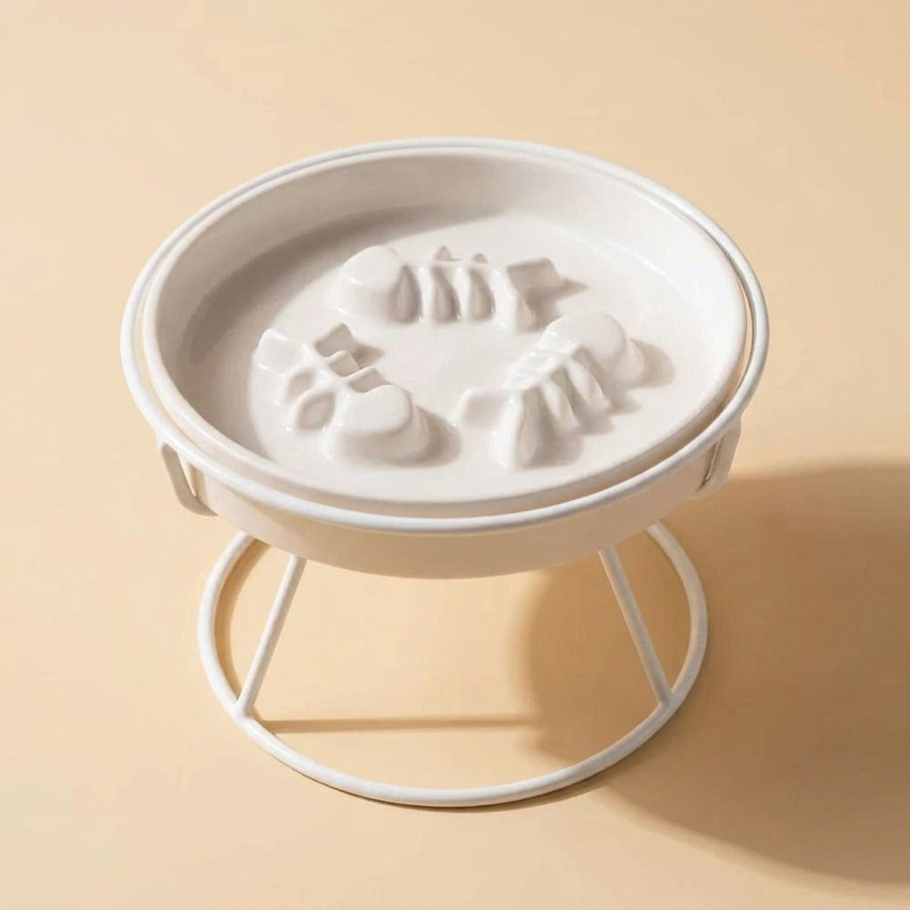 Flat Face Slow Feed Dish, white plate on white stand, studio shot