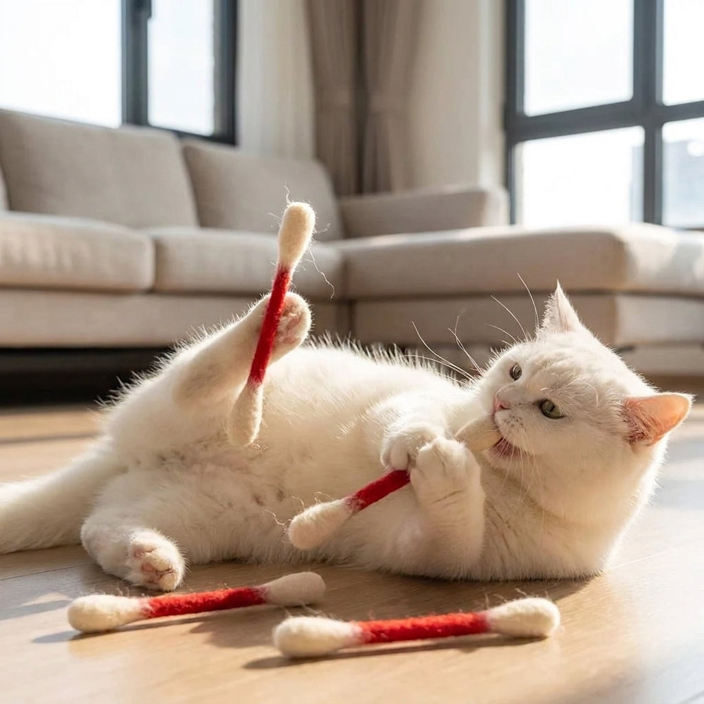 A white cat kicking a giant felt cotton bud toy