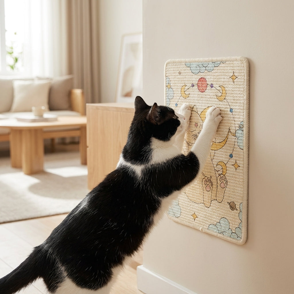 A tuxedo cat stretching up to scratch the illustrated sisal wall board