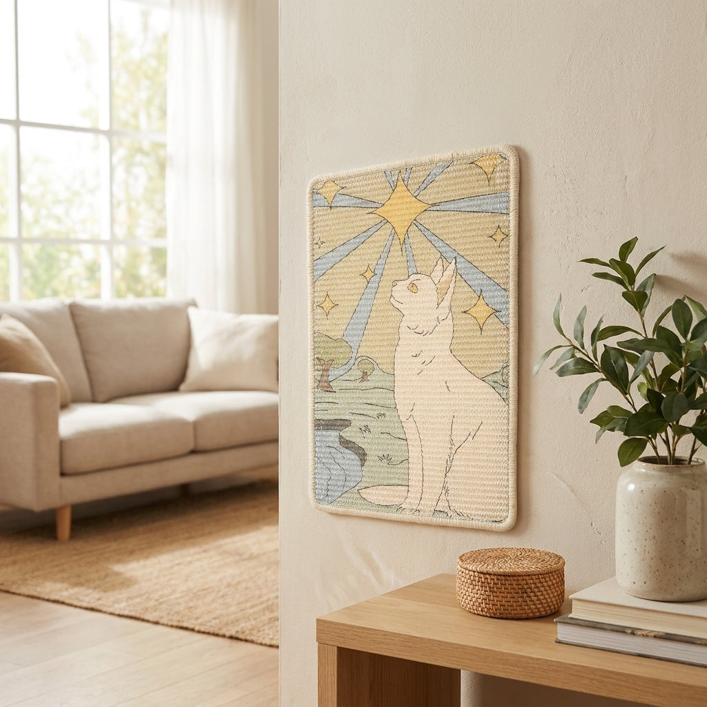 Illustrated sisal scratch board mounted on a wall in a bright home