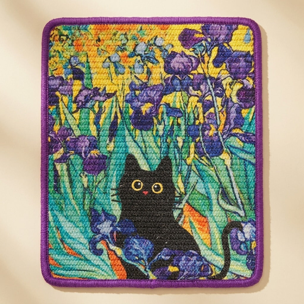 Oil Painting Sisal Scratch Board with iris flowers and cat artwork, studio shot