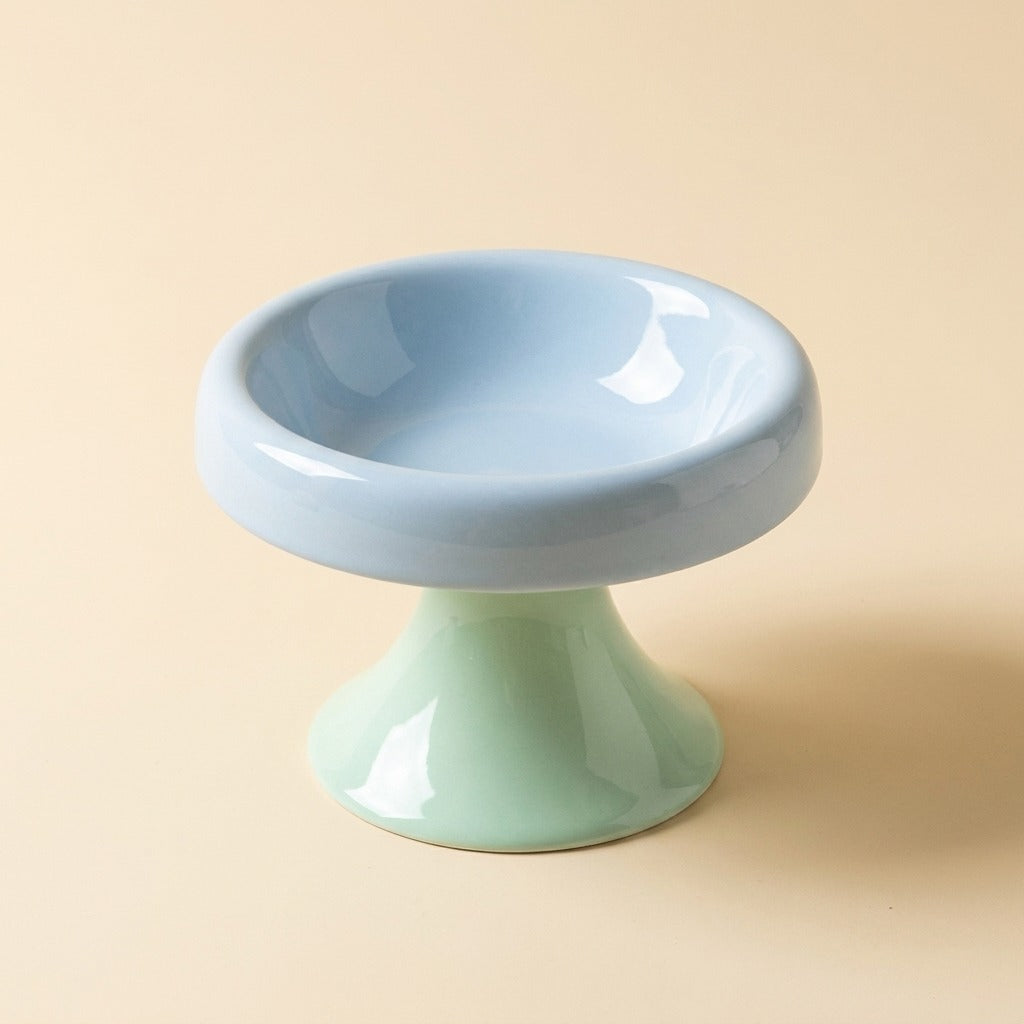 Pastel Pedestal Ceramic Cat Bowl, blue bowl on mint pedestal, studio shot