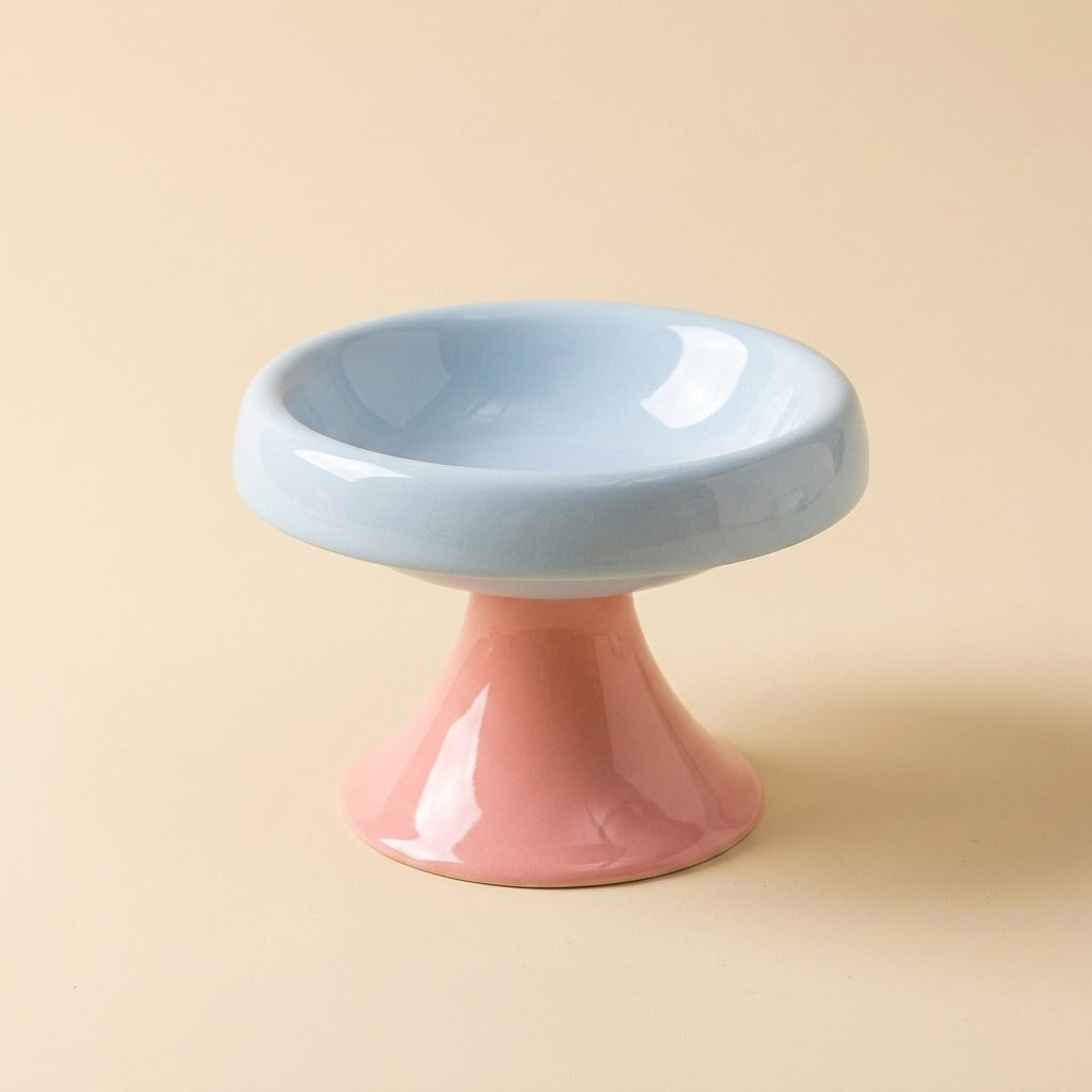 Pastel Pedestal Ceramic Cat Bowl, blue bowl on pink pedestal, studio shot