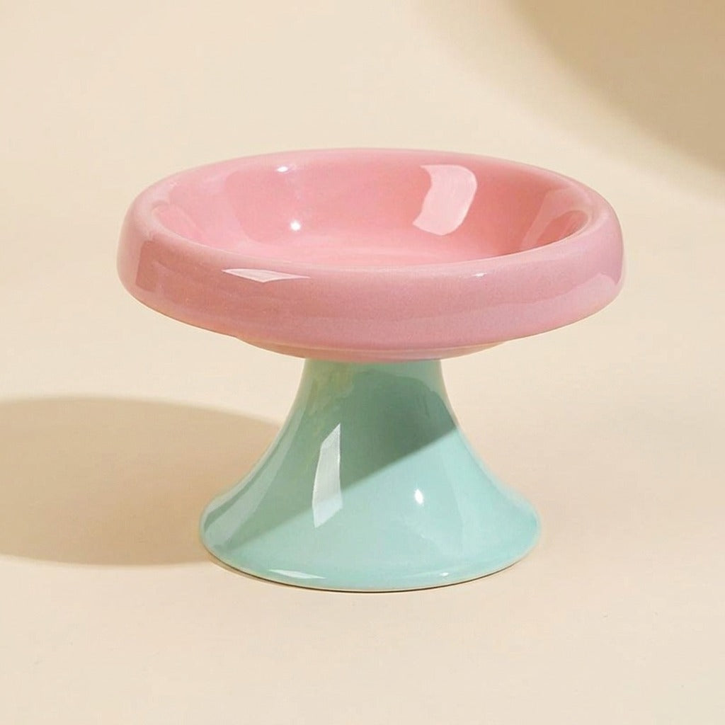 Pastel Pedestal Ceramic Cat Bowl, pink bowl on mint pedestal, studio shot