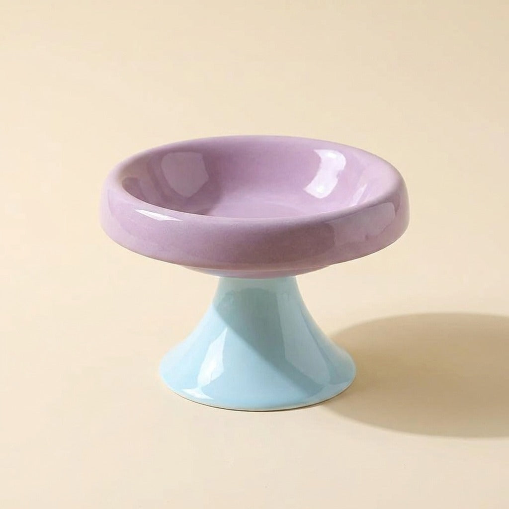 Pastel Pedestal Ceramic Cat Bowl, purple bowl on blue pedestal, studio shot