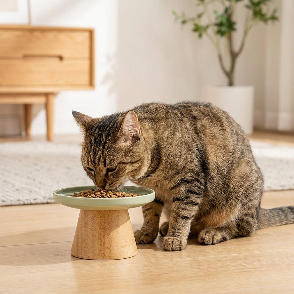 A brown tabby cat eating from the raised ceramic cat plate
