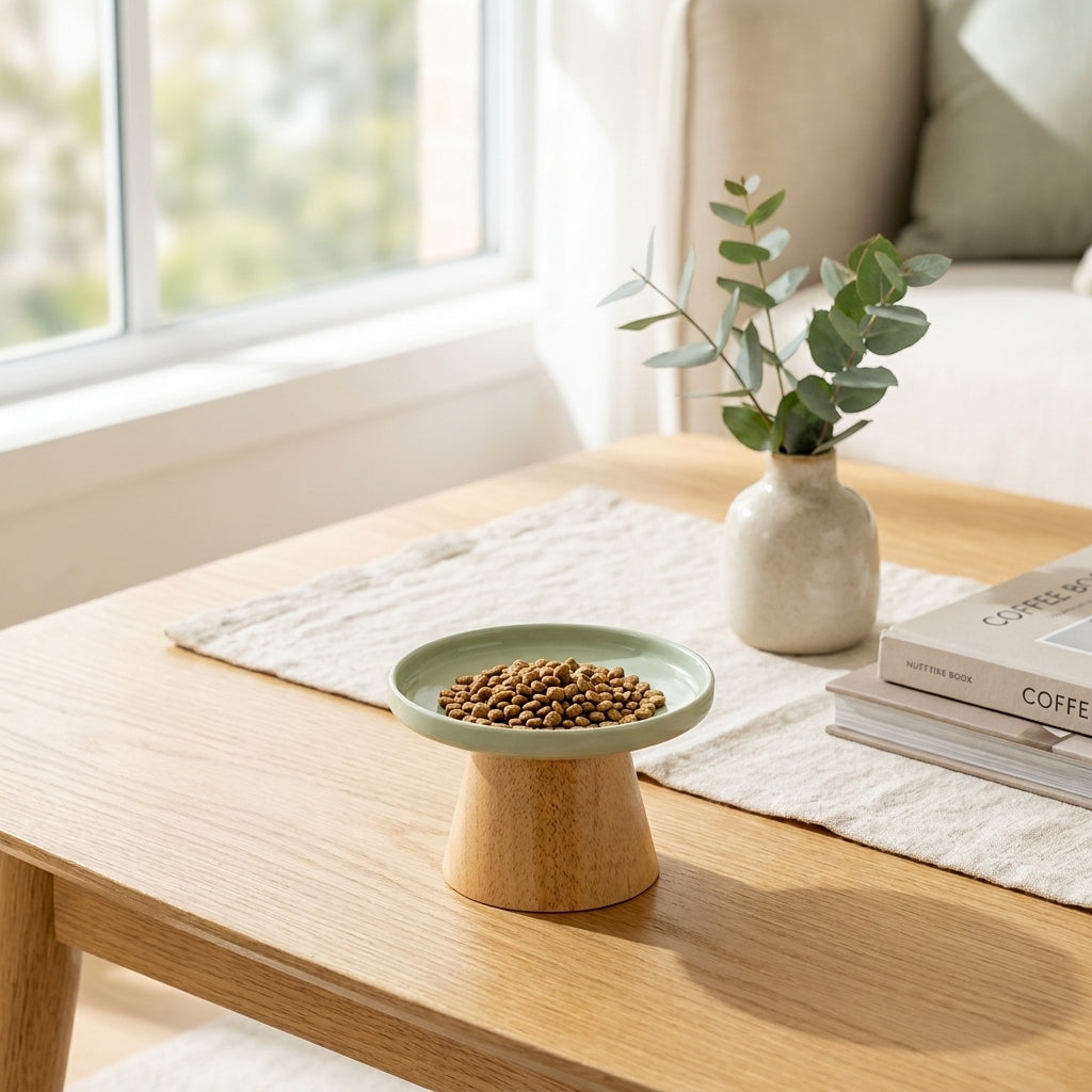 Raised ceramic cat plate on a wooden stand in a bright modern home
