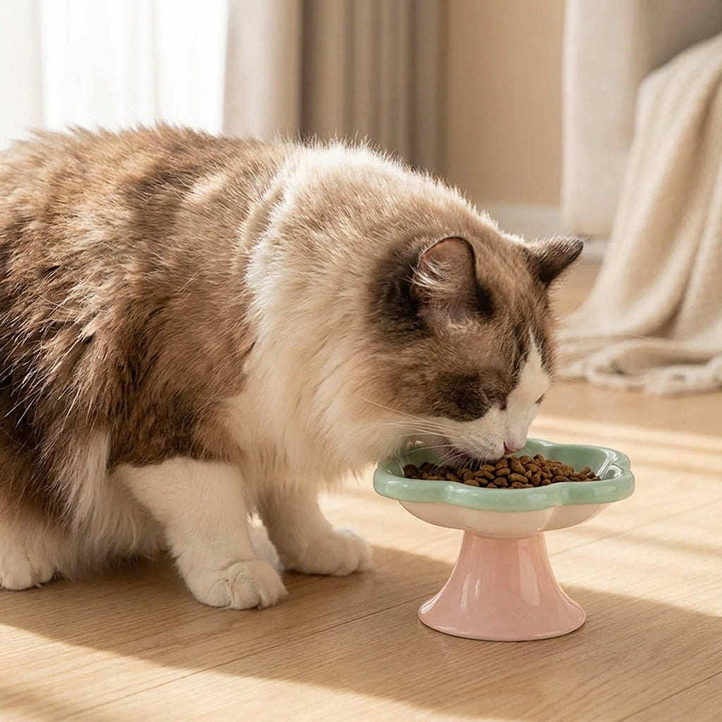 A ragdoll cat eating from the scalloped pedestal cat bowl