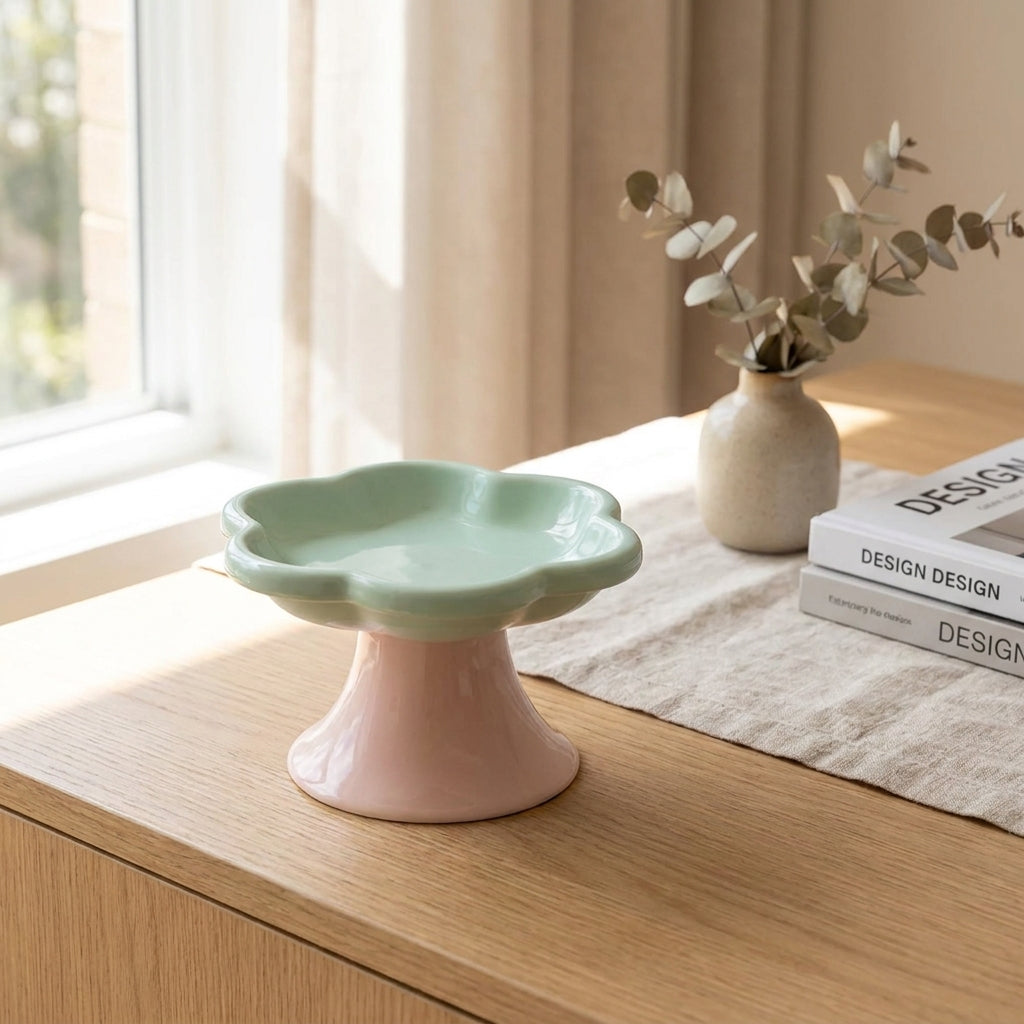 Scalloped pedestal cat bowl on a table in a bright modern home
