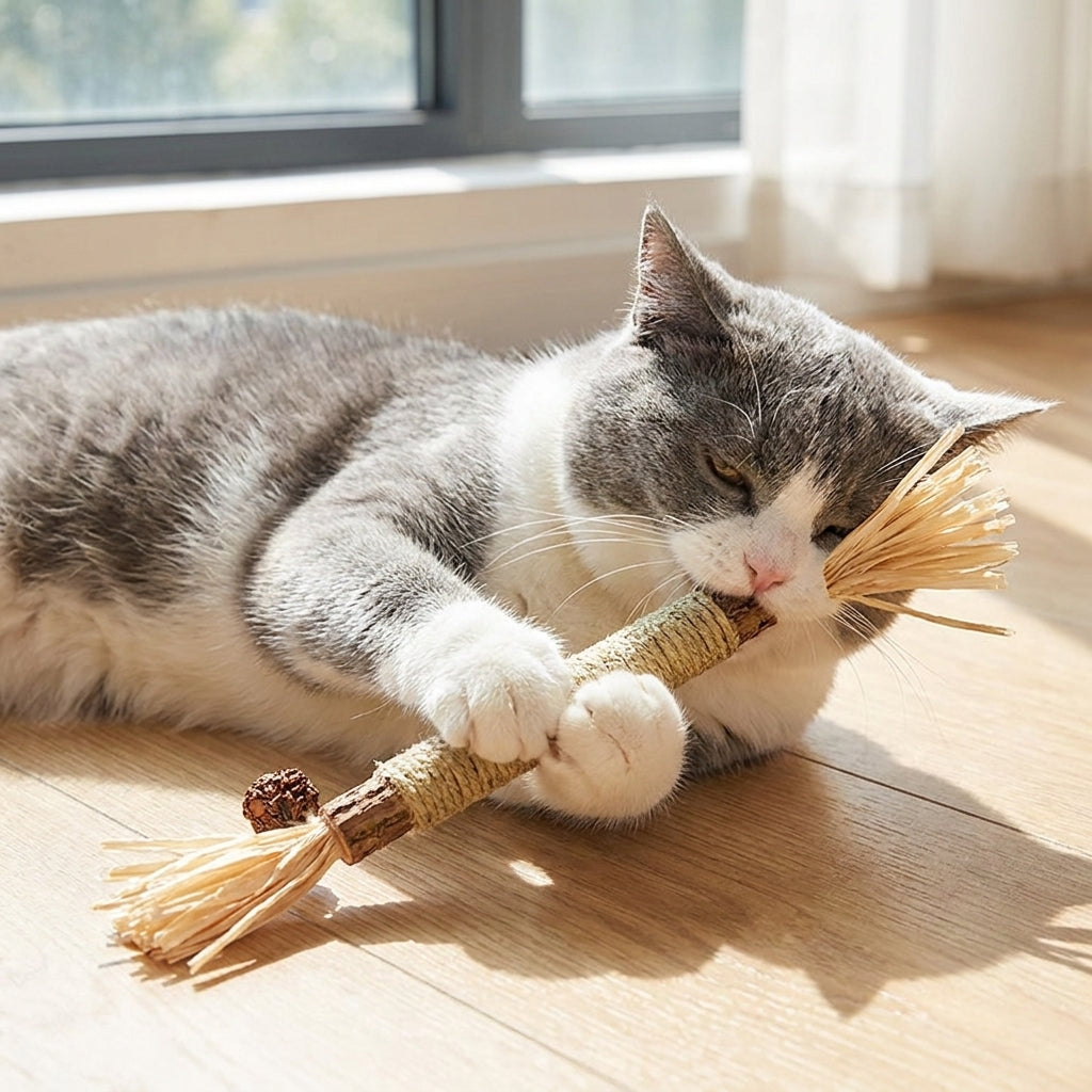 A grey and white cat chewing the silvervine dental stick