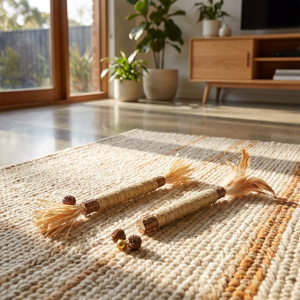 Silvervine chew sticks on a woven rug in a bright modern home