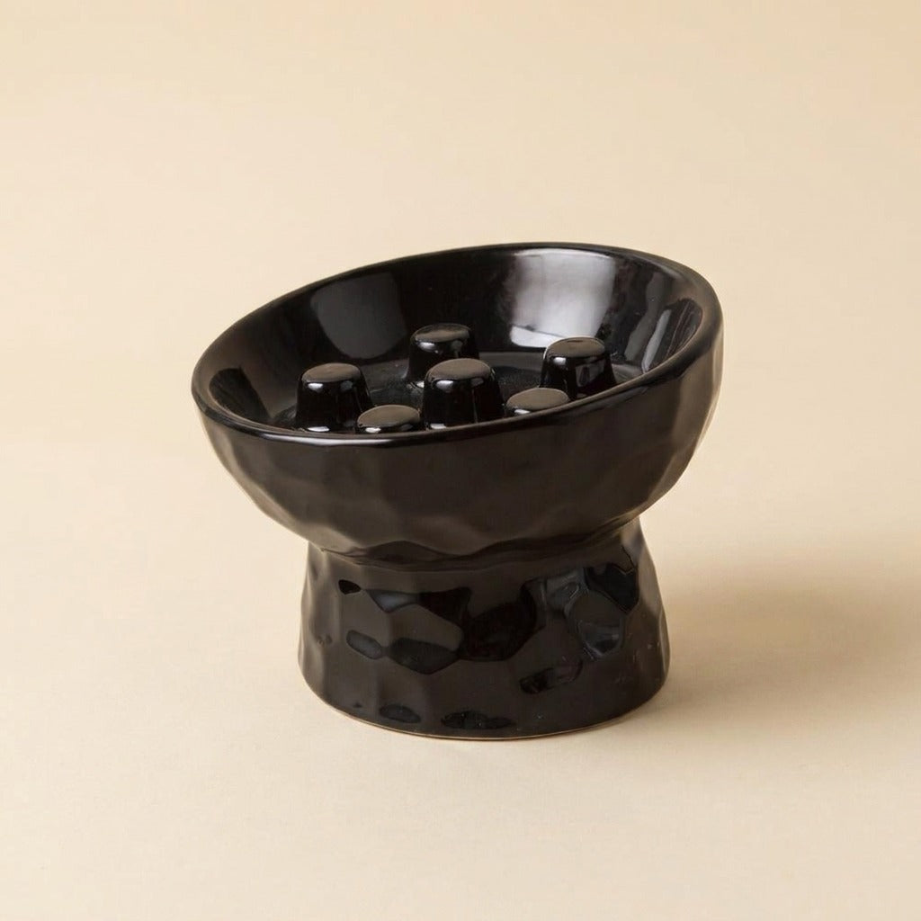 Slanted Ceramic Slow Feeder Pedestal Bowl in black, studio shot