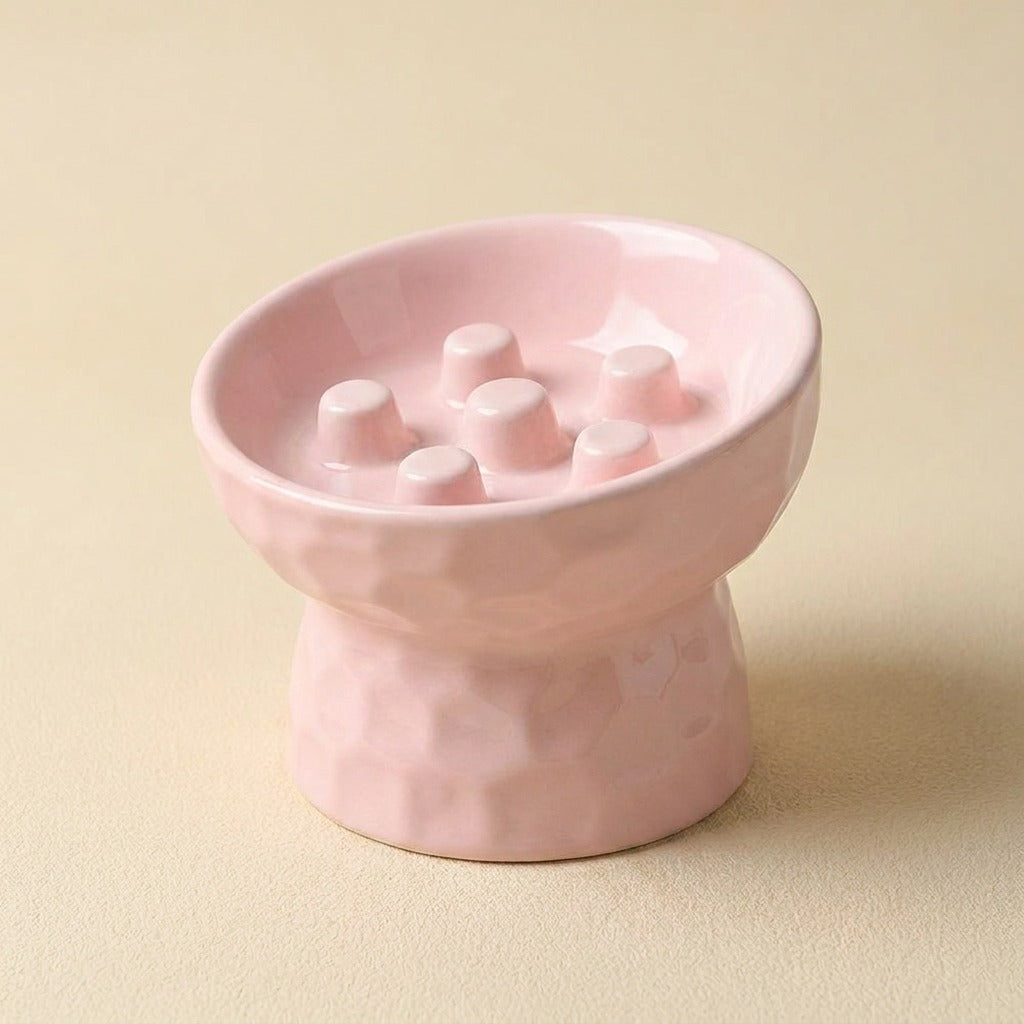 Slanted Ceramic Slow Feeder Pedestal Bowl in pink, studio shot