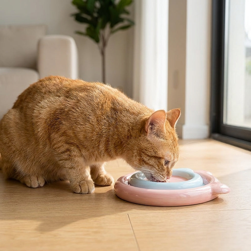 A ginger tabby cat eating from the solid pastel ceramic cat plate