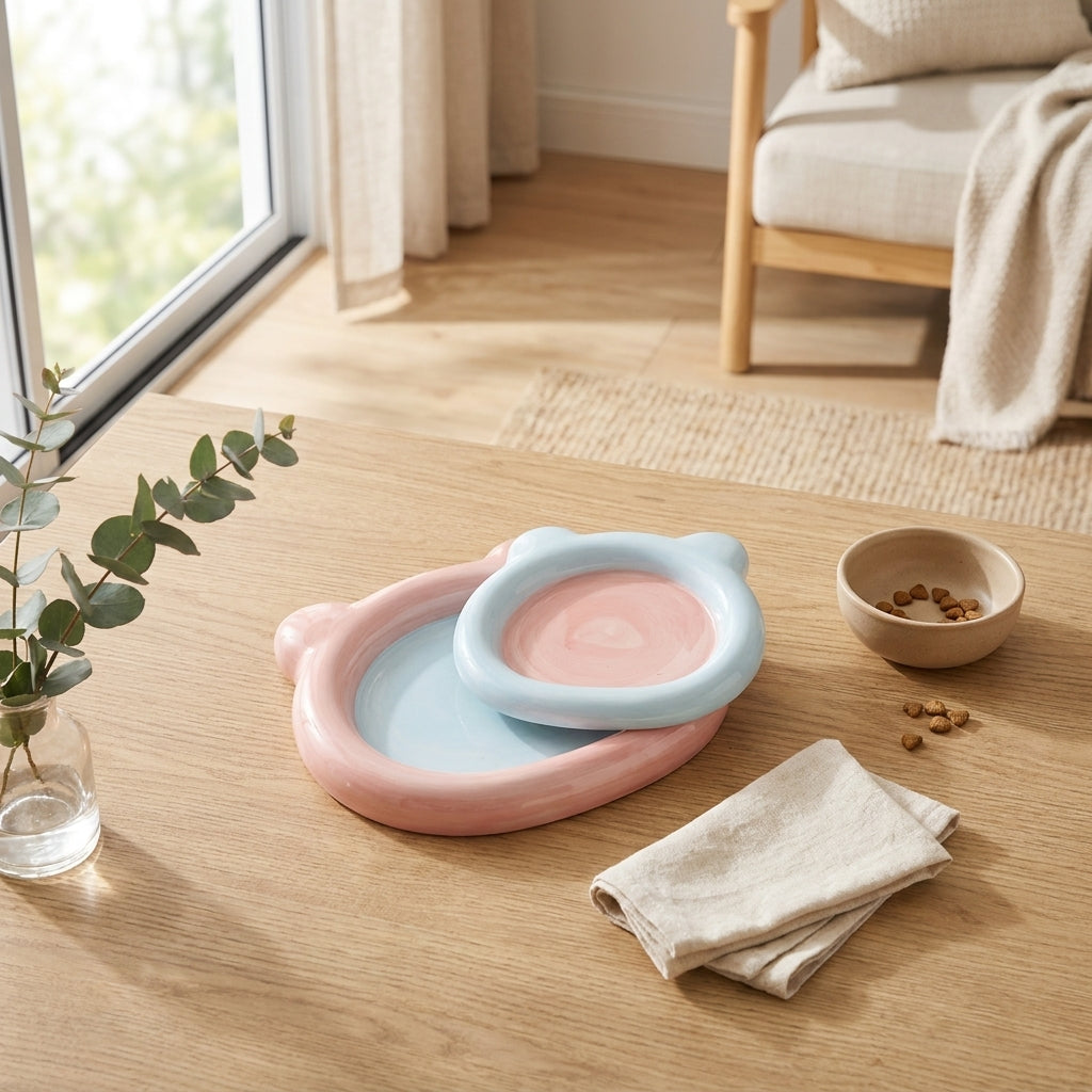 Solid pastel ceramic cat plate on a floor in a bright modern Australian home