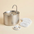 Stainless Steel Cat Fountain 2.2L with four filters and motion sensor, studio shot