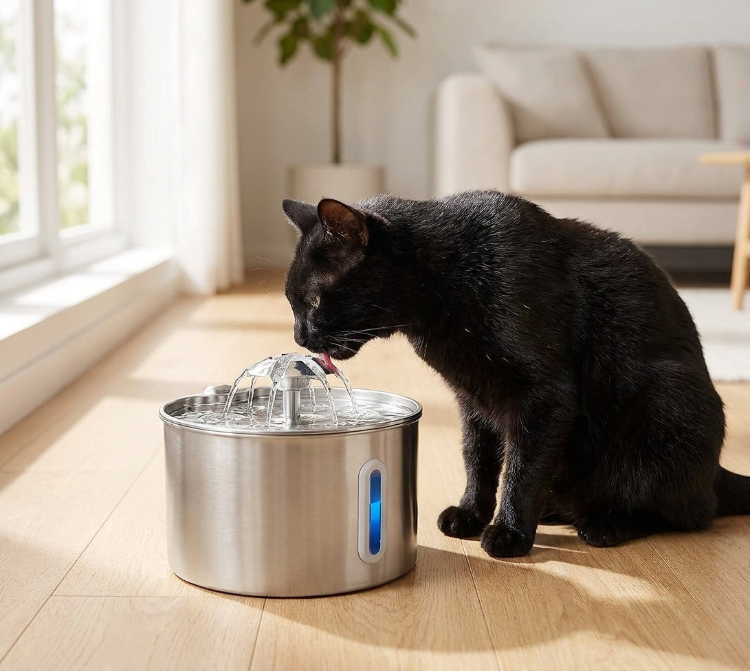 A black cat drinking from the stainless steel cat water fountain