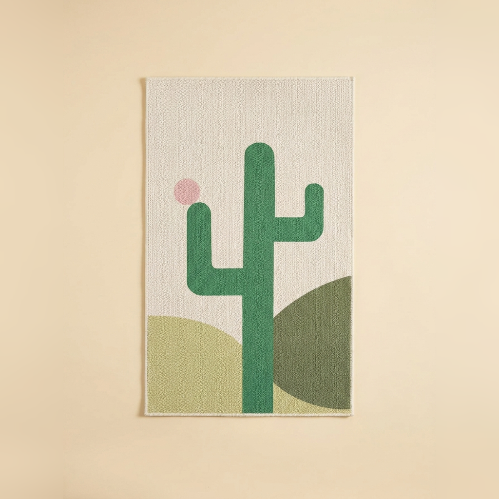 Trimmable self adhesive cat scratch mat with a printed cactus design