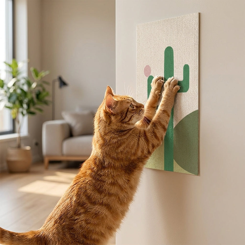 A ginger tabby cat scratching the trimmable self adhesive mat