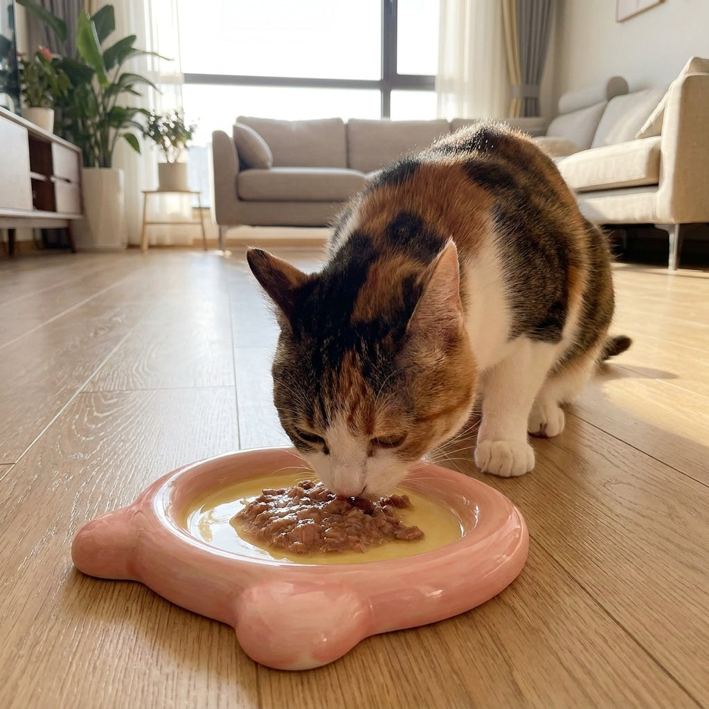 A calico cat eating from the pink and yellow two tone ceramic cat plate