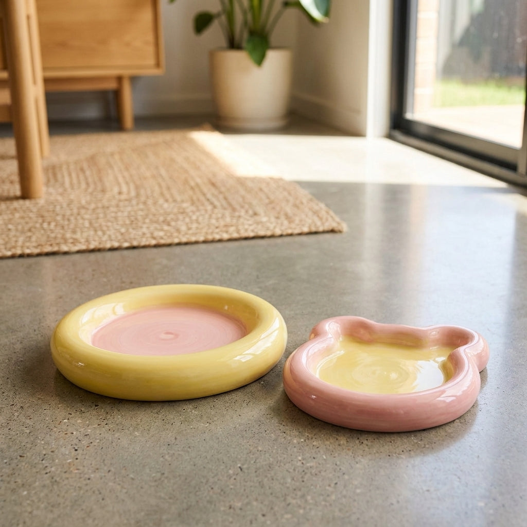 Two tone ceramic cat plates in disc and bear shapes on a floor in a bright home