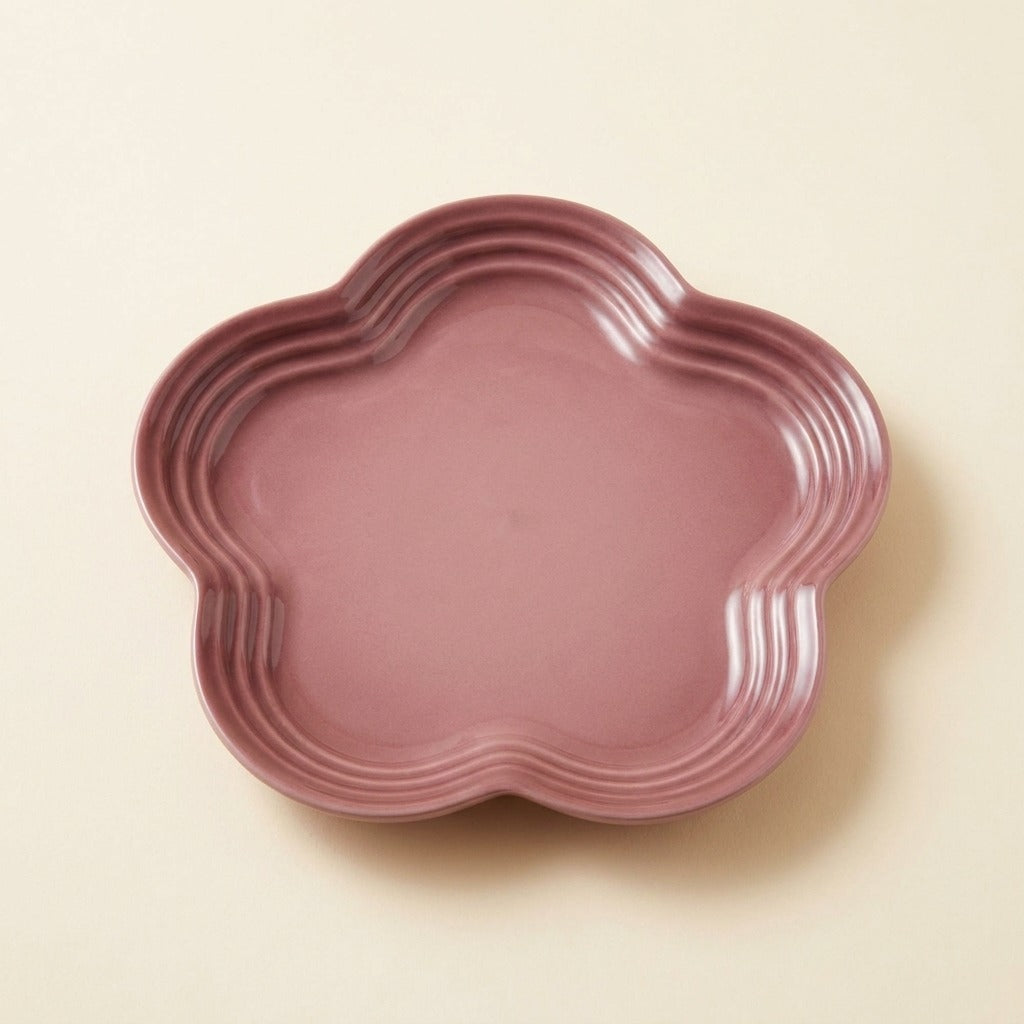 Extra Wide Whisker Relief Ceramic Cat Plate in mauve brown, flower shaped, studio shot