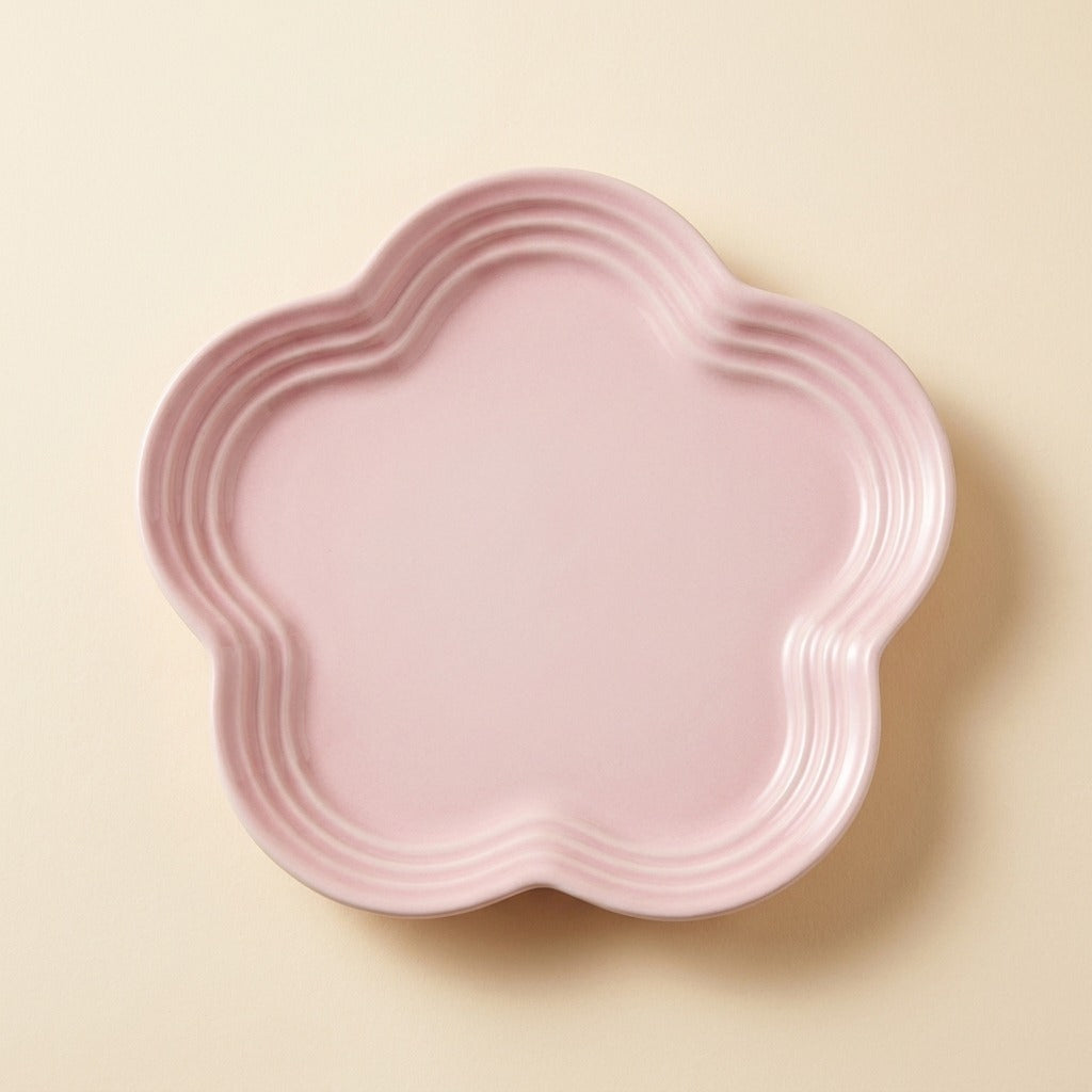 Extra Wide Whisker Relief Ceramic Cat Plate in macaroon pink, flower shaped, studio shot