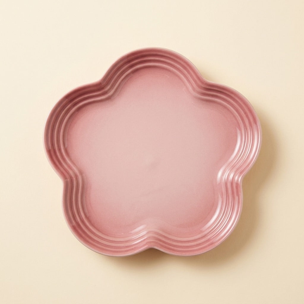 Extra Wide Whisker Relief Ceramic Cat Plate in dusty pink, flower shaped, studio shot