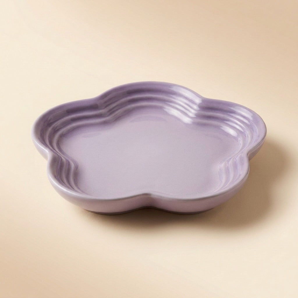 Extra Wide Whisker Relief Ceramic Cat Plate in lavender purple, flower shaped, studio shot
