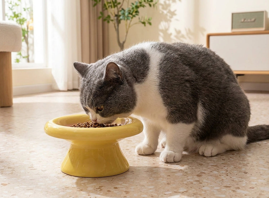 A british shorthair cat eating from the yellow wide pedestal cat bowl