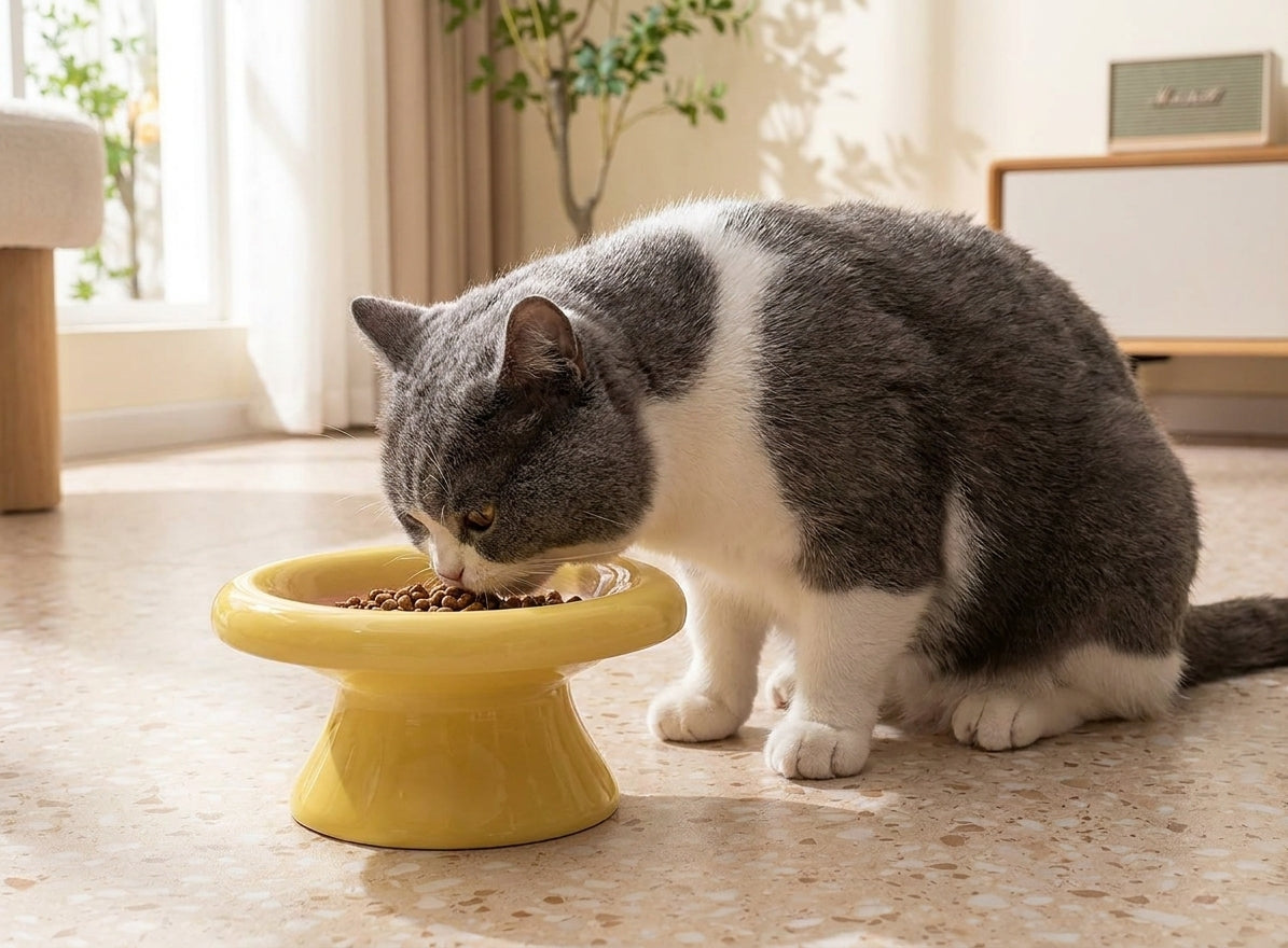 A british shorthair cat eating from the yellow wide pedestal cat bowl