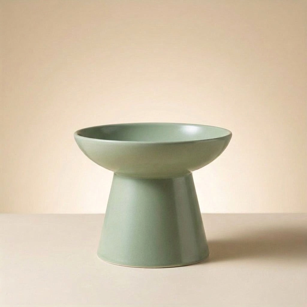 Wide Flared Elevated Ceramic Cat Bowl in sage green, studio shot